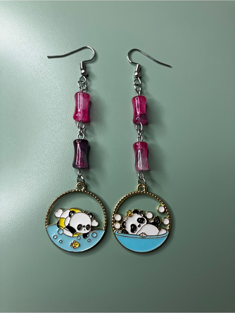 Handmade Bamboo Shaped Glass Bead Dangle Earrings with Panda Charms - Picture 2 of 5